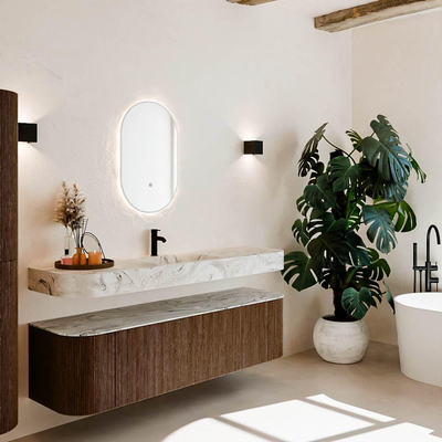 MONDIAZ THOR-DLUX 170cm meuble de salle de bains arrondi gauche + droite couleur Walnut avec 1 tiroir et 2 portes. Vasque suspendue CLOUD Milieu 1 trou de robinet couleur Glace.