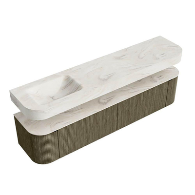 MONDIAZ THOR-DLUX 200cm meuble de salle de bains arrondi gauche + droite couleur Shadow avec 2 tiroirs et 2 portes. Vasque suspendue CLOUD Gauche 1 trou de robinet couleur Ostra.