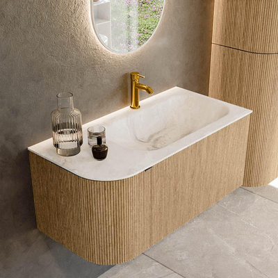 MONDIAZ KURVE-DLUX Meuble de salle de bains 95 cm avec module 25 L couleur Oak avec 1 tiroir et 1 porte. Lavabo BIG SMALL à droite 1 trou de robinet couleur Frappe.