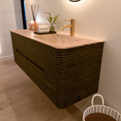 Mondiaz CIRO-DLUX Meuble de salle de bains - 140x45x50cm - Plan vasque solid surface Arena - 1 lavabo à droite - 1 trou de robinet - 4 tiroirs - Shadow