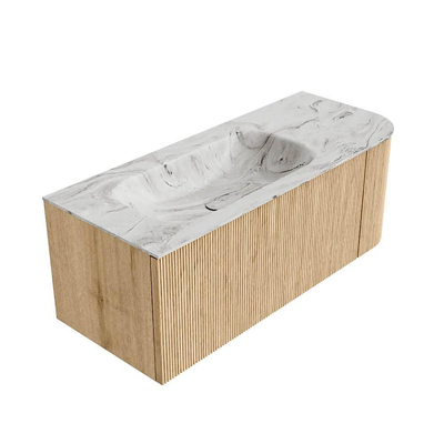 MONDIAZ KURVE-DLUX 115cm Meuble salle de bain avec module 25 D - couleur Oak - 1 tiroir - 1 porte - vasque BIG SMALL gauche - sans trou de robinet - couleur Glace