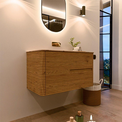 Mondiaz CIRO-DLUX Badkamermeubelset - 90x45x50cm - Solid surface wastafel Arena - 1 wasbak Midden - zonder kraangaten - 2 lades - Oak