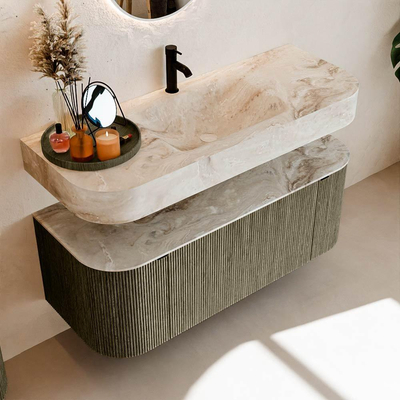 MONDIAZ THOR-DLUX 120cm meuble de salle de bains arrondi gauche + droite couleur Shadow avec 1 tiroir et 2 portes. Vasque suspendue CLOUD Milieu 1 trou de robinet couleur Frappe.