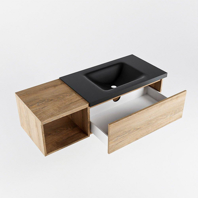MONDIAZ BUKLA Meuble de salle de bains 120cm avec module ouvert 40 couleur Chêne lavé avec 1 tiroir. Lavabo CLOUD à droite 1 trou de robinet couleur Urban.