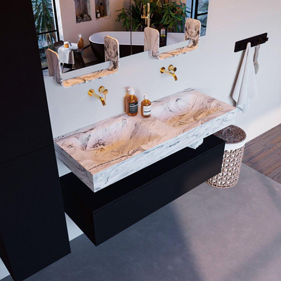 Mondiaz ALAN-DLUX Ensemble de meuble - 120cm - meuble Urban mat - 1 tiroir - Lavabo Cloud Glace suspendu - vasque Gauche et droite - 0 trous de robinet