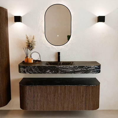 MONDIAZ THOR-DLUX 130cm badmeubel ronding links + rechts kleur Walnut met 1 lade en 2 deuren. Vrijhangende wastafel CLOUD Midden 1 kraangat kleur Lava.