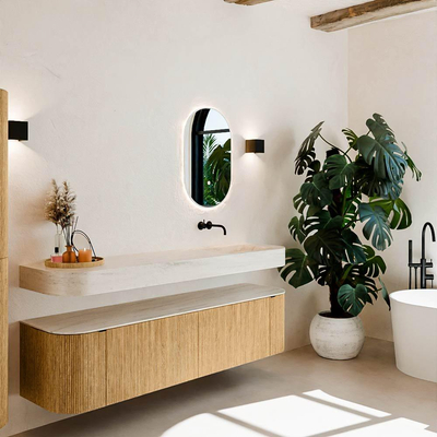 MONDIAZ THOR-DLUX 180cm meuble de salle de bains arrondi gauche + droite couleur Oak avec 2 tiroirs et 2 portes. Vasque suspendue CLOUD droite sans trou de robinet couleur Meli.