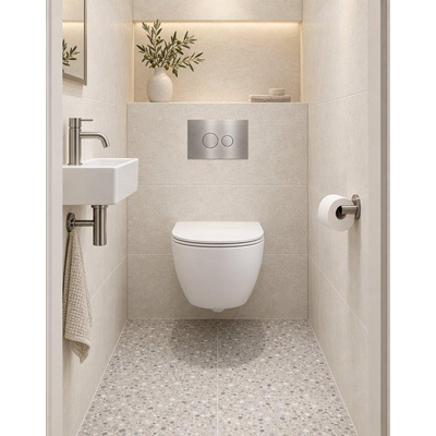QeramiQ Dely Swirl Compact Toiletset - inbouwreservoir QeramiQ flush - slim zitting - metalen bedieningsplaat RVS - ronde knoppen - mat wit