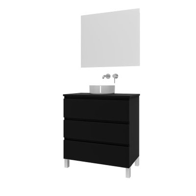 Adema Chaci PLUS Ensemble de meuble - 79.5x86x45.9cmcm - vasque à poser sur plan - robinets encastrables Inox - 3 tiroirs - Noir mat