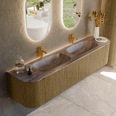 MONDIAZ KURVE-DLUX Meuble de salle de bains 190cm arrondi Gauche + Droite couleur Dusk avec 2 tiroirs et 2 portes. Plan-vasque STOR SMALL Double 2 trous de robinet Oza.