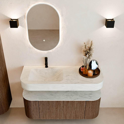 MONDIAZ THOR-DLUX 120cm meuble de salle de bains arrondi gauche + droite couleur Walnut avec 1 tiroir et 2 portes. Vasque suspendue CLOUD gauche 1 trou de robinet couleur Opalo.