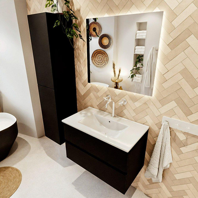 MONDIAZ VICA meuble sous lavabo 80cm Urban 2 tiroirs. Lavabo DENIA centre 1 trou de robinet, couleur Blanc Brillant.