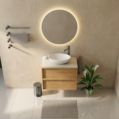 Saniclass Holz Frame Ensemble meuble de salle de bains - 80x45x63cm - Plan en pierre naturelle travertin - 1 trou de robinetterie - 2 tiroirs - chêne naturel mat (bois)