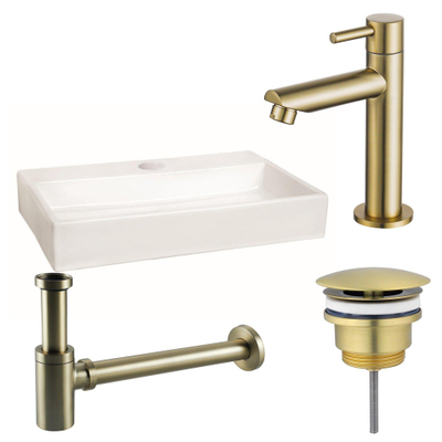 FugaFlow Eccelente Arredo Pack Lave-mains - 38x7x24cm - 1 trou de robinet - céramique - robinet Laiton brossé - Blanc