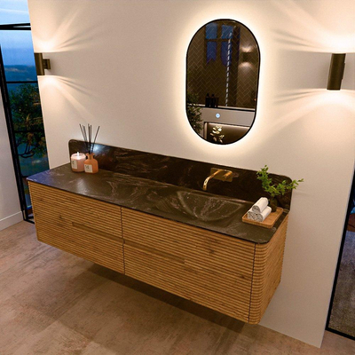 Mondiaz CIRO-DLUX Ensemble de meubles de salle de bains - 180x45x50cm - vasque en solid surface Lava - 1 bassin à droite - sans trous de robinet - 4 tiroirs - Chêne