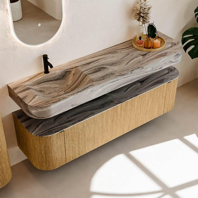 MONDIAZ THOR-DLUX Meuble de salle de bains 170cm arrondi gauche + droite couleur Oak avec 1 tiroir et 2 portes. Vasque suspendue CLOUD Gauche 1 trou de robinet couleur Sombra.