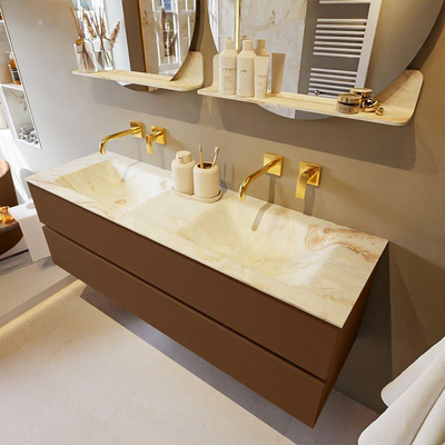 MONDIAZ VICA-DLUX Ensemble meuble de salle de bains - 150cm - meuble bas rust- 2 tiroirs - lavabo encastré cloud double - sans trous de robinet - version haute 60cm - frape