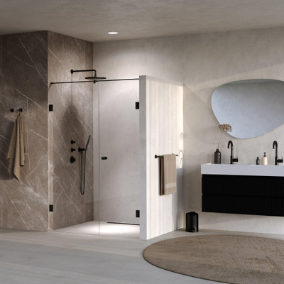 BRAUER Void Carving Nisdeur - 2-delig - 130x200cm - 60cm draaideur aan muur - glascoating - omkeerbaar - helder glas - mat zwart