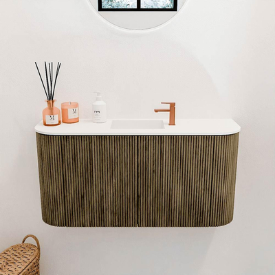 Mondiaz JOYA 83.2cm toiletmeubel - ronding links en rechts kleur Dusk - Wastafel FAYE positie Midden 1 kraangat kleur Talc.