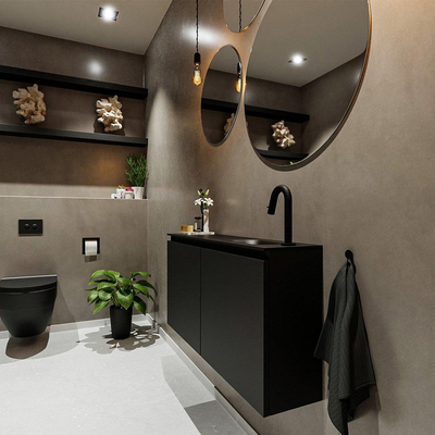 MONDIAZ TURE Fonteinset - 100x23x50cm - 1 kraangat - 2 deuren - urban mat - Wasbak rechts - Solid Surface Zwart