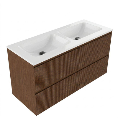 Saniclass Holz Atelier Ensemble meuble de salle de bains - 120x45x77.5cm - lavabo Torino en solid surface blanc - sans trou de robinet - 2 tiroirs - walnut pure mat (bois)