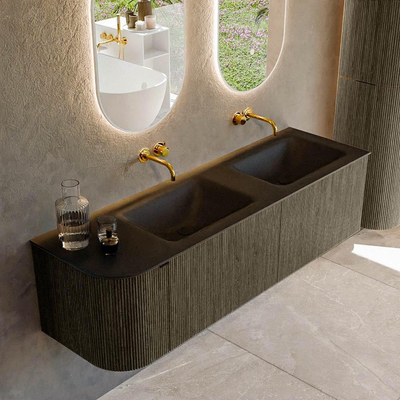 Mondiaz KURVE Ensemble de meubles de salle de bains - 155x46x40cm - 2 tiroirs - 1 porte - vasque solid surface - double / droite - sans trou de robinet - Shadow