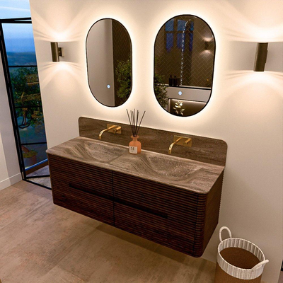 Mondiaz CIRO-DLUX Ensemble de meubles de salle de bains - 140x45x50cm - plan vasque solid surface Oza - 2 vasques Double - sans trous de robinet - 4 tiroirs - Noyer