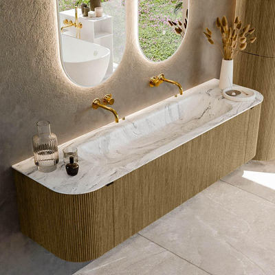 Mondiaz KURVE-DLUX Badkamermeubelset - 170x46x40cm - 1 lade - 2 deuren - wastafel solid surface - midden - zonder kraangat - Dusk