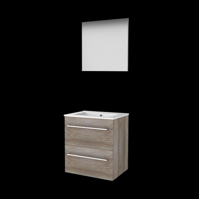 Basic-Line Basic 46 ensemble de meubles de salle de bain 60x46cm avec poignées 2 tiroirs lavabo en porcelaine 1 trou pour robinet miroir mfc scotch oak