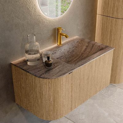 MONDIAZ KURVE-DLUX 85cm badmeubel ronding Links kleur Oak met 1 lade en 1 deur. Wastafel CLOUD Rechts 1 kraangat Oza.