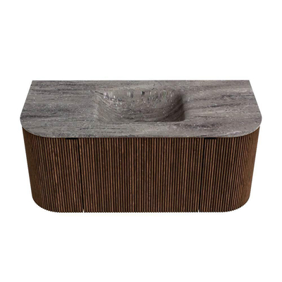 MONDIAZ KURVE-DLUX 100cm badmeubel ronding Links + Rechts kleur Walnut met 1 lade en 2 deuren. Wastafel GRUNNE Midden zonder kraangat Oza.