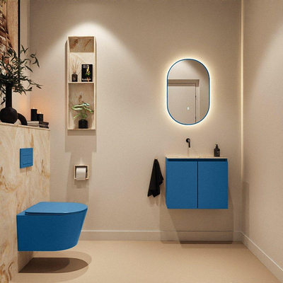 MONDIAZ TURE-DLUX Meuble toilette - 60cm - Jeans - EDEN - vasque Frappe - position gauche - sans trou de robinet