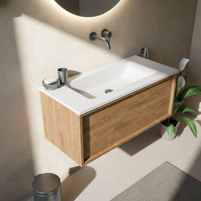 Saniclass Holz Frame Ensemble meuble de salle de bains - 100x45x57.5cm - lavabo Torino en solid surface blanc - sans trou de robinetterie - 1 tiroir - chêne natural mat (bois)