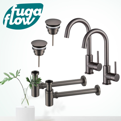 FugaFlow Eccelente Sobrado Kit robinet lavabo - pour double vasque - robinet haut - bec rotatif - bonde non-obturable - siphon design bas - Gunmetal PVD