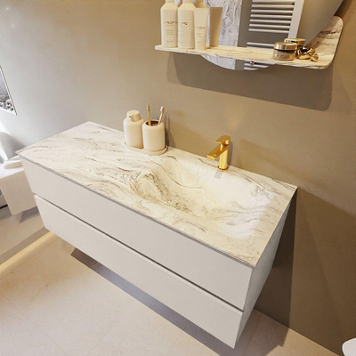 Mondiaz VICA-DLUX Ensemble de meuble de salle de bain - 120cm - meuble sous-vasque lin - 2 tiroirs - lavabo encastrée cloud droite - 1 trou de robinet - version haute de 60cm - glace