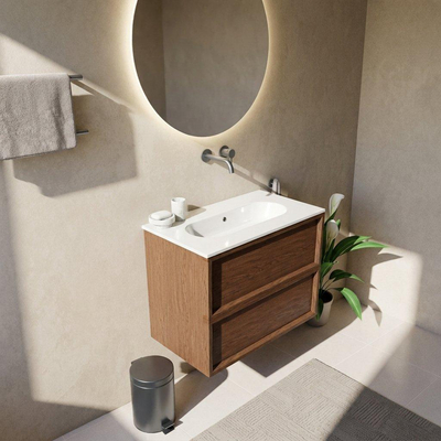 Saniclass Holz Frame Ensemble de meubles de salle de bains - 80x45x73.9cm - Chaci lavabo en céramique blanc - 1 vasque - sans trou de robinetterie - 2 tiroirs - mat walnut pure (bois)
