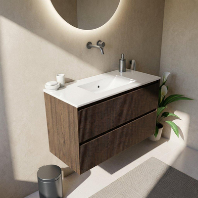 Saniclass Holz Atelier Ensemble de meubles de salle de bains - 100x45x62cm - Lavabo Vygo en céramique blanc - 1 vasque - sans trou de robinet - 2 tiroirs - chêne charcoal mat (bois)