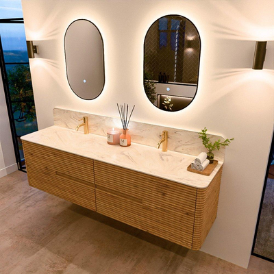 Mondiaz CIRO-DLUX Badkamermeubelset - 180x45x50cm - Solid surface wastafel Ostra - 2 wasbak Dubbel - 2 kraangaten - 4 lades - Oak