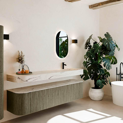 MONDIAZ THOR-DLUX 190cm meuble de salle de bains arrondi gauche + droite couleur Shadow avec 2 tiroirs et 2 portes. Vasque suspendue CLOUD Droite 1 trou de robinet couleur Nata.