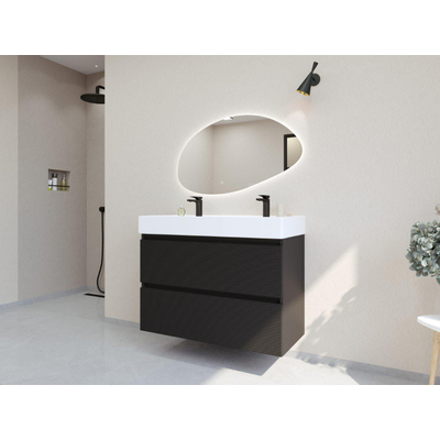 HR badmeubelen Infinity XXL 3D Ensemble meuble de salle de bains - 100 cm - 1 lavabo céramique kube blanc - 2 trous de robinet - 2 tiroirs - noir mat