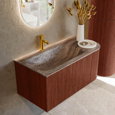 MONDIAZ KURVE-DLUX Meuble de salle de bains 95cm arrondi à droite couleur Ruby avec 1 tiroir et 1 porte. Lavabo BIG SMALL à gauche 1 trou de robinet Oza.