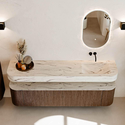 MONDIAZ THOR-DLUX 190cm badmeubel ronding links + rechts kleur Walnut met 2 lades en 2 deuren. Vrijhangende wastafel CLOUD Rechts zonder kraangat kleur Nata.