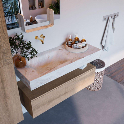 Mondiaz ALAN-DLUX Ensemble de meuble - 110cm - meuble Washed Oak mat - 1 tiroir - Lavabo Cloud Frappe suspendu - vasque Gauche - 0 trous de robinet