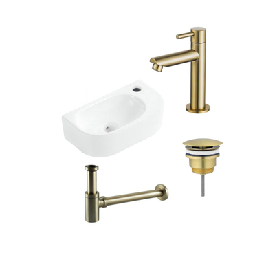 Fugaflow Efficiente Pietra Fonteinset - 40x21.5x12cm - rechts - glad - halfrond - 1 kraangat - keramiek - fonteinkraan geborsteld messing - afvoerplug - verlaagd sifon - wit mat