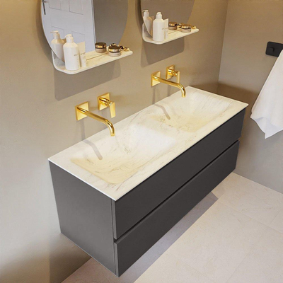 Mondiaz VICA-DLUX Ensemble de meuble de salle de bain - 120cm - meuble sous-vasque gris foncé - 2 tiroirs - lavabo encastré cloud double - sans trous de robinet - version haute de 60cm - opalo