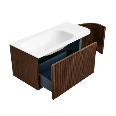 MONDIAZ KURVE Meuble de salle de bains 95 cm avec module 25 R couleur Walnut avec 1 tiroir et 1 porte. Lavabo BIG SMALL gauche 1 trou de robinet Talc.