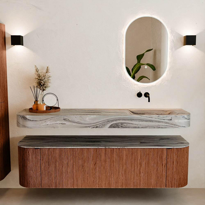 MONDIAZ THOR-DLUX 170cm meuble de salle de bains arrondi gauche + droite couleur Ruby avec 1 tiroir et 2 portes. Vasque suspendue CLOUD Droite sans trou de robinet couleur Sombra.