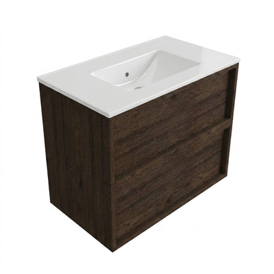 Saniclass Holz Frame Ensemble de meubles de salle de bains - 80x45x62cm - Vasque Vygo en céramique blanche - 1 bac - sans trou de robinet - 2 tiroirs - chêne charcoal mat (bois)