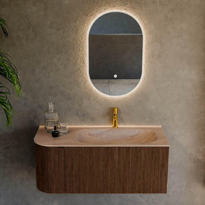MONDIAZ KURVE-DLUX Meuble de salle de bains 105cm arrondi à gauche couleur Walnut avec 1 tiroir et 1 porte. Lavabo BIG SMALL à droite 1 trou de robinet Saba.