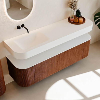 MONDIAZ THOR Meuble de salle de bains 160cm arrondi gauche + droite couleur Ruby avec 1 tiroir et 2 portes. Vasque suspendue CLOUD Gauche sans trou de robinet couleur Talc.